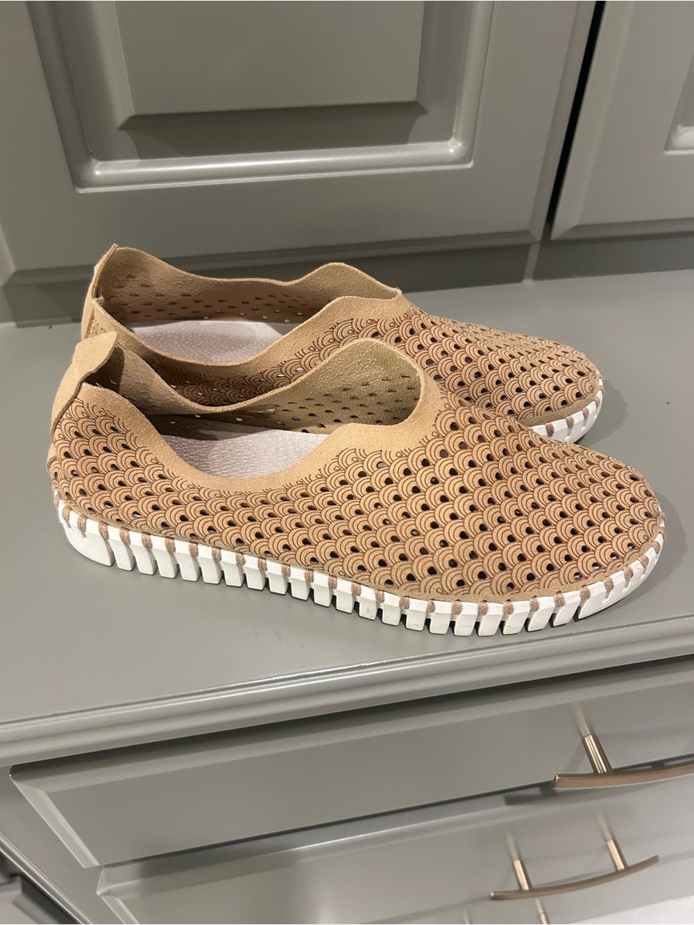 Ilse Jacobsen Tan Perforated Slip-On Flats with White Sole